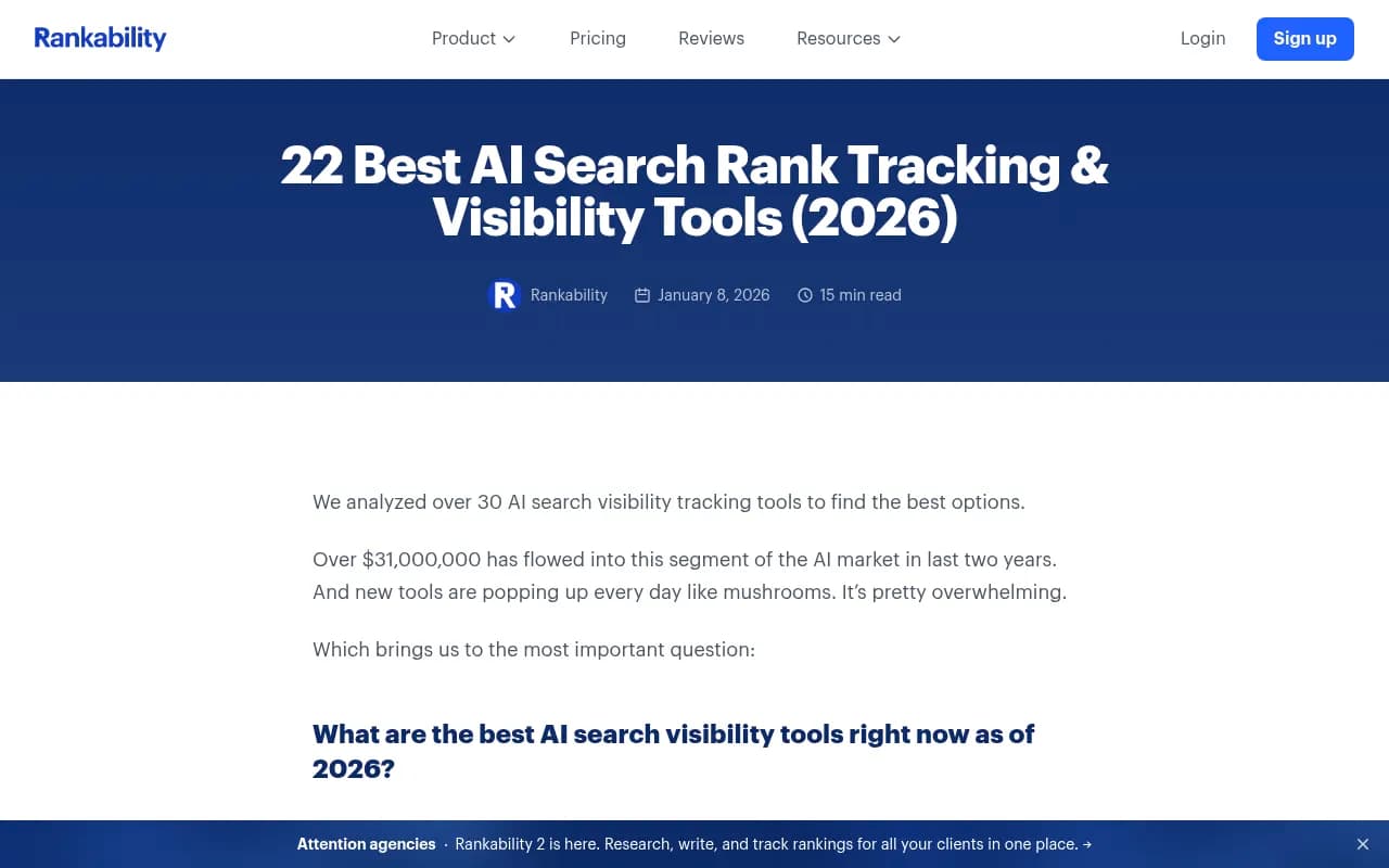 Rankability's AI search visibility tracking dashboard showing brand monitoring across multiple AI engines