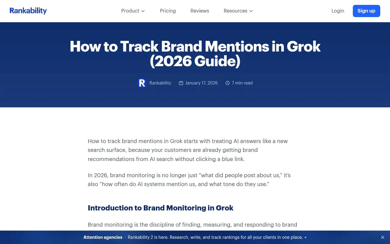 Grok brand mention tracking workflow showing prompt library and visibility scoring