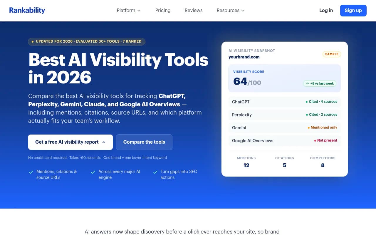 Rankability's AI visibility tool comparison table showing features across major platforms