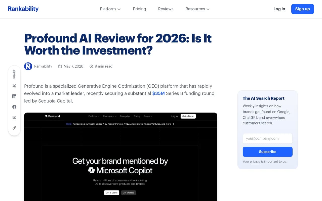 Profound review summary from Rankability's analysis of AI search monitoring tools