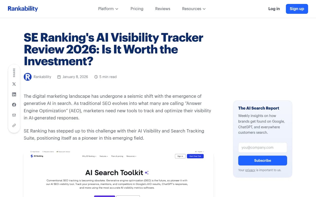 SE Ranking AI Visibility Tracker review showing platform interface and feature breakdown