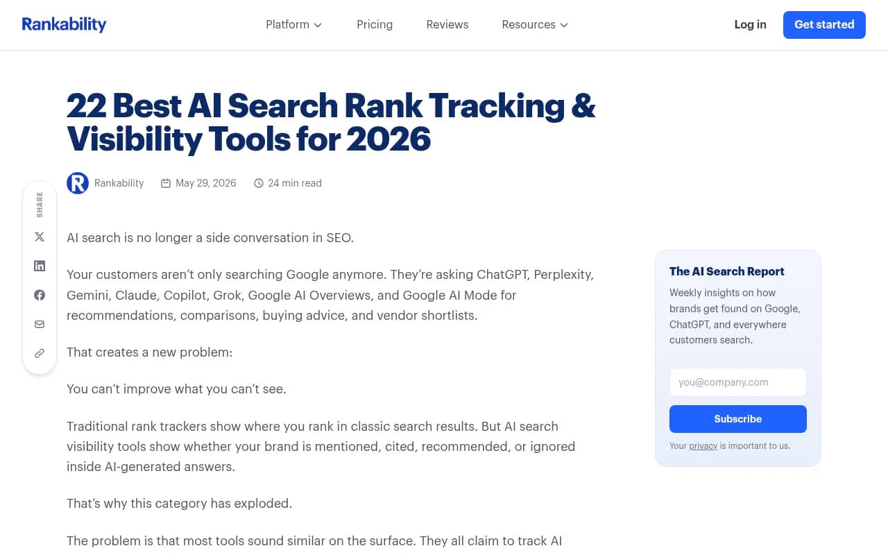 Rankability's 2026 roundup of AI search visibility tools, showing the range of platforms competing in the GEO category