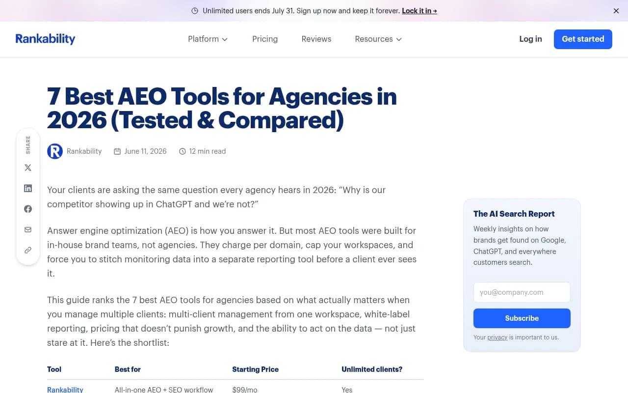 Comparison of AEO tools for agencies in 2026 from Rankability's blog