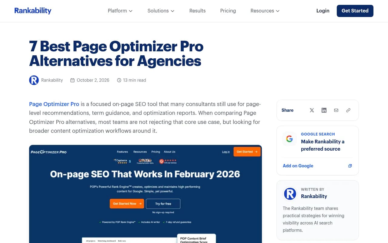 Rankability's own blog comparing content optimization alternatives for agencies