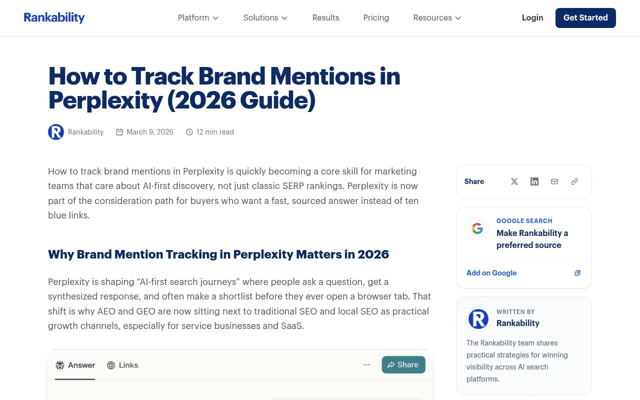 Rankability guide on tracking brand mentions in Perplexity, showing the mentions vs citations vs links framework that also applies to Alexa