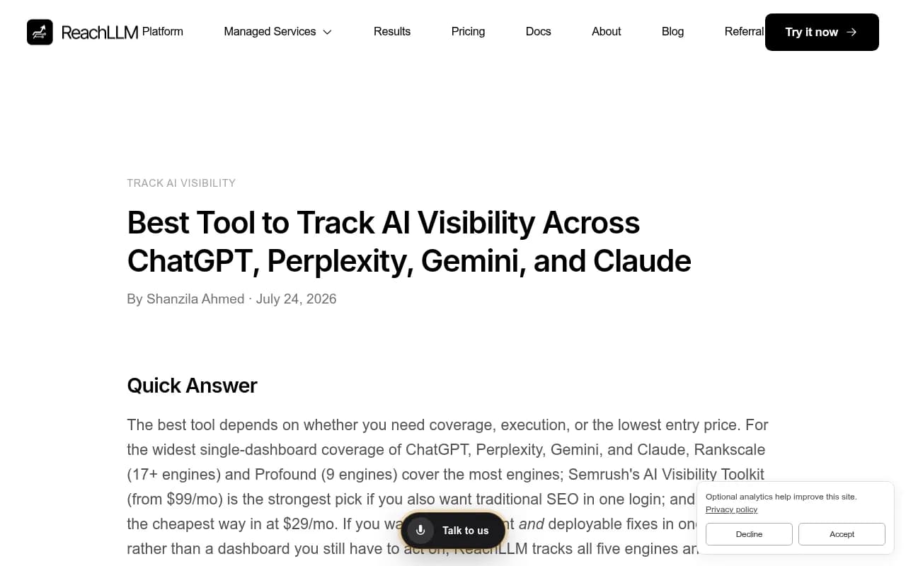ReachLLM comparison of AI visibility tools showing ChatGPT, Perplexity, Gemini, and Claude coverage across seven platforms