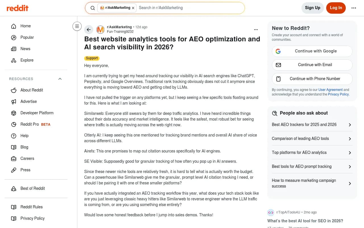 Reddit discussion on tracking AI search visibility across ChatGPT, Perplexity, and Google Overviews