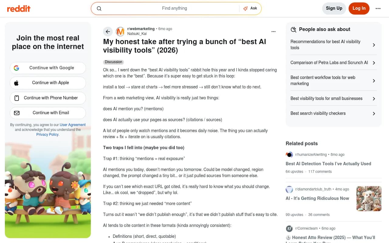 Reddit discussion on AI visibility tools showing real user feedback on Profound, Peec, and Promptwatch