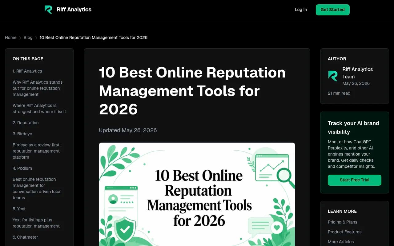 Overview of a reputation management platform comparing review generation, listings, and AI search visibility features