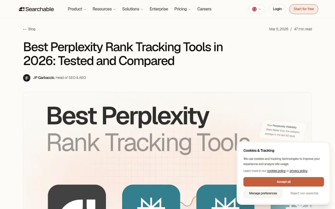 Searchable's Perplexity rank tracking guide showing platform coverage and tracking methodology