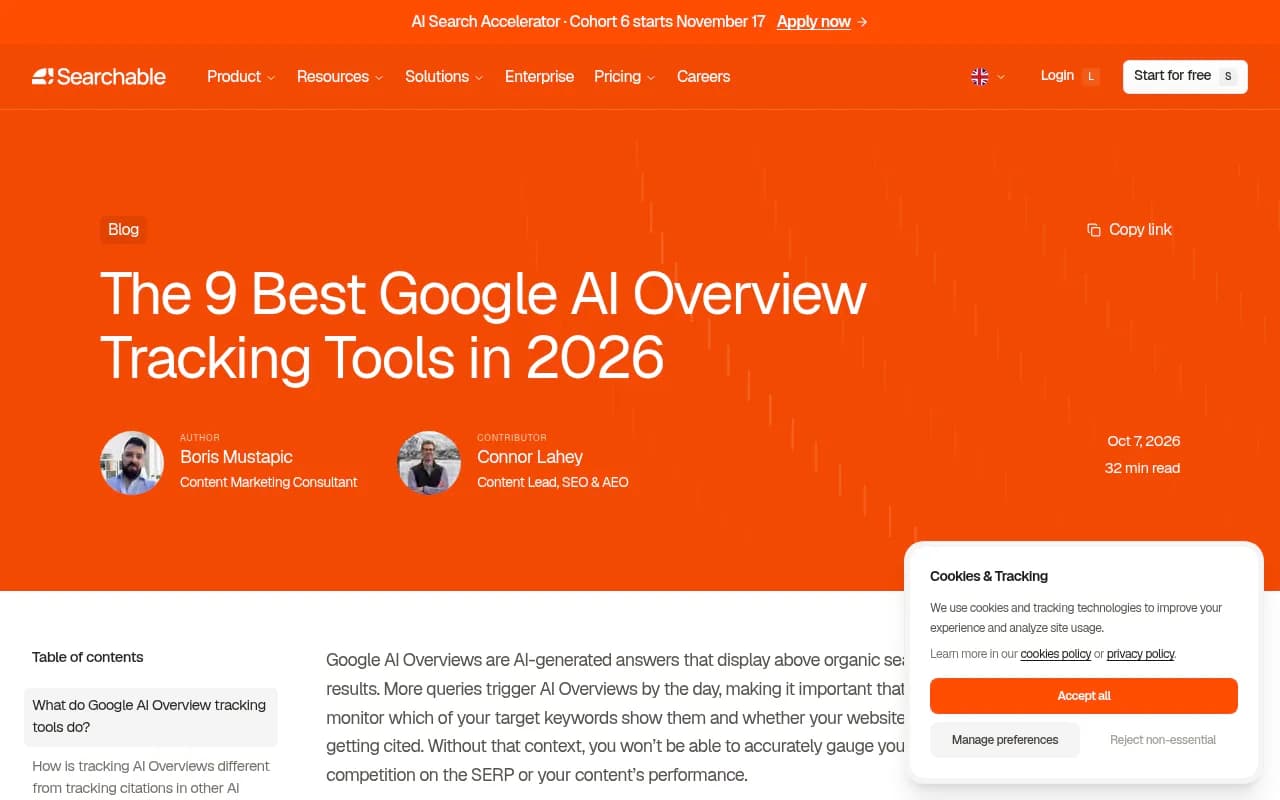 Searchable's roundup of Google AI Overview tracking tools, which names SE Ranking and Advanced Web Ranking as rank trackers with built-in AI Overview tracking