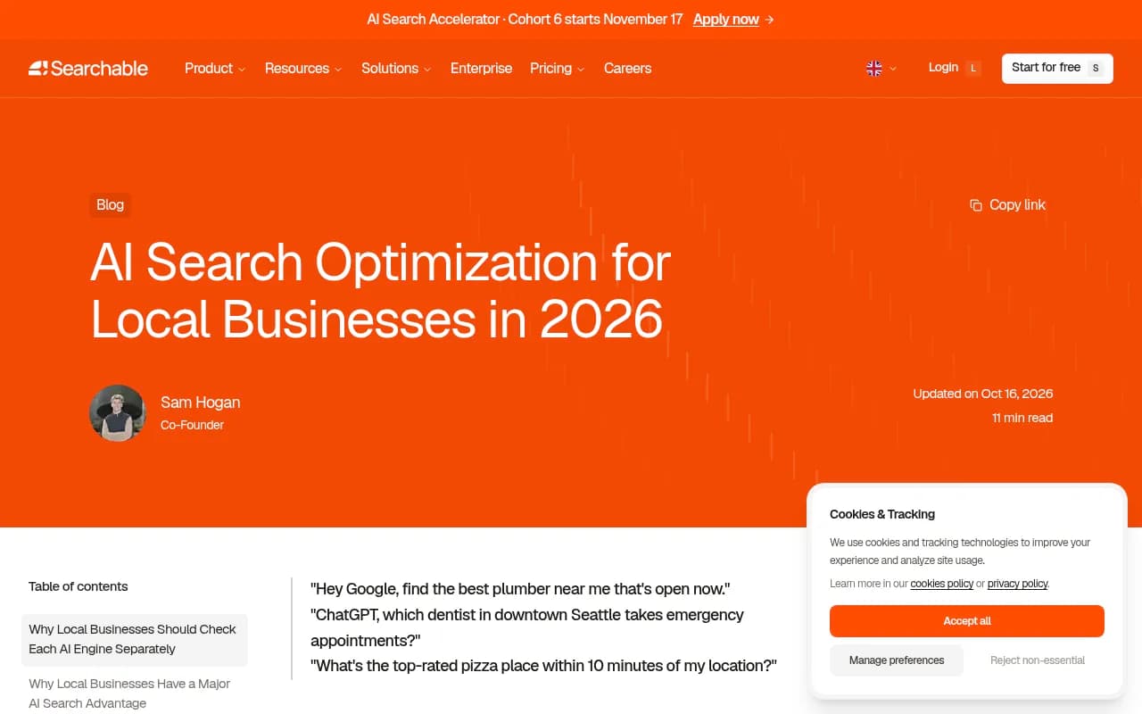 Searchable's guide to AI search optimization for local businesses, covering local schema and AI discovery
