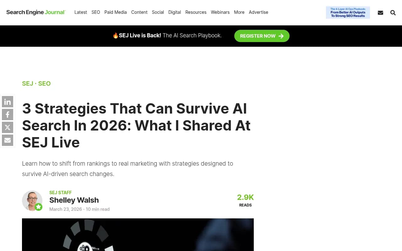 Search Engine Journal's 2026 AI search survival strategies presented at SEJ Live, showing the shift from rankings to visibility as the core metric