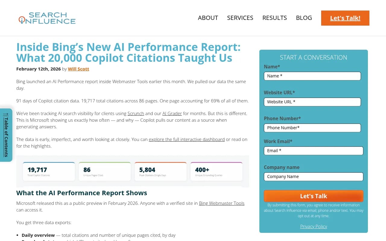 Bing Webmaster Tools AI Performance dashboard showing citation metrics
