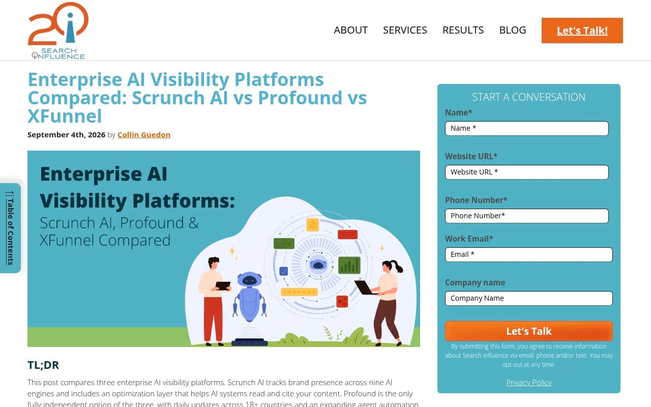 Search Influence comparison of enterprise AI visibility platforms covering Scrunch, Profound and XFunnel