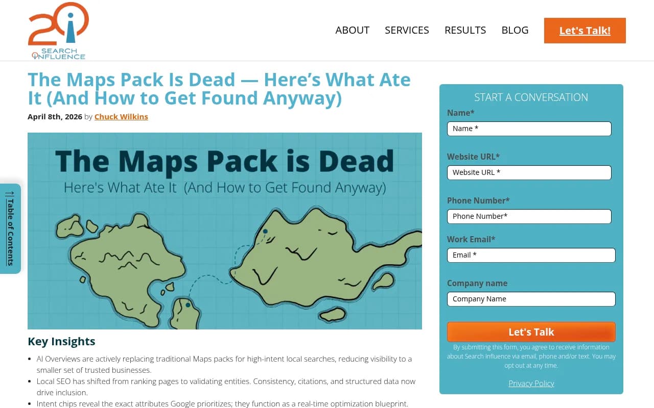 Search Influence's article arguing that AI-generated entity packs are displacing the map pack for competitive local queries