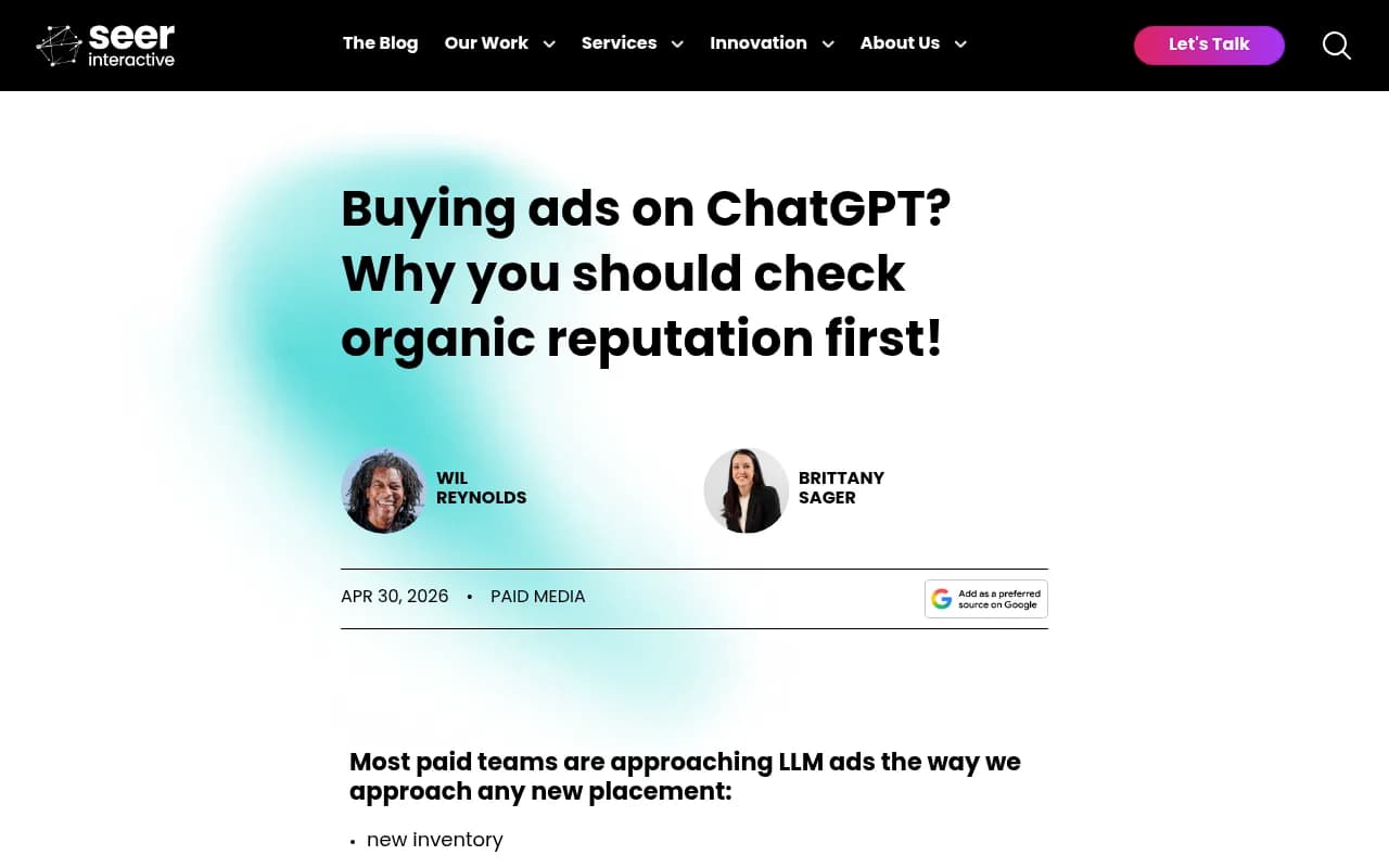 Seer Interactive blog post examining whether ChatGPT ads and organic AI answers reinforce each other