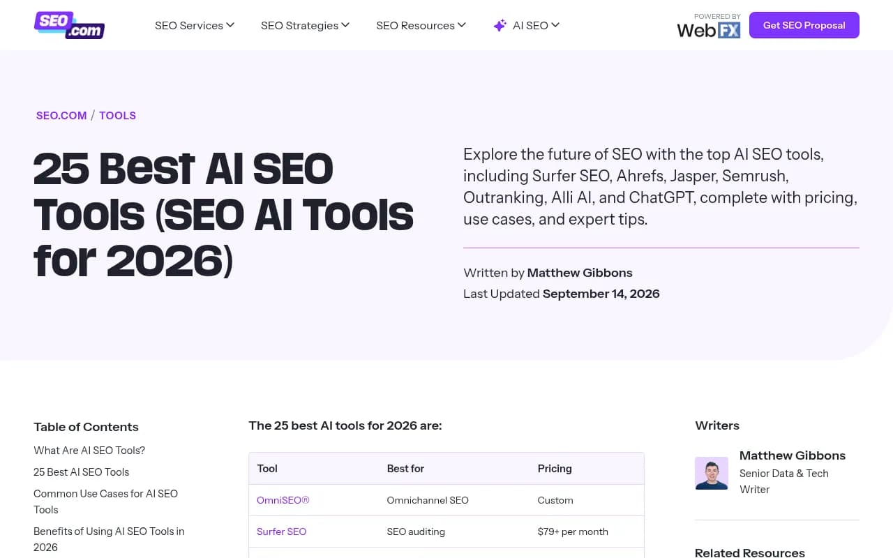SEO.com's roundup of 25 AI SEO tools with pricing and best-for categories