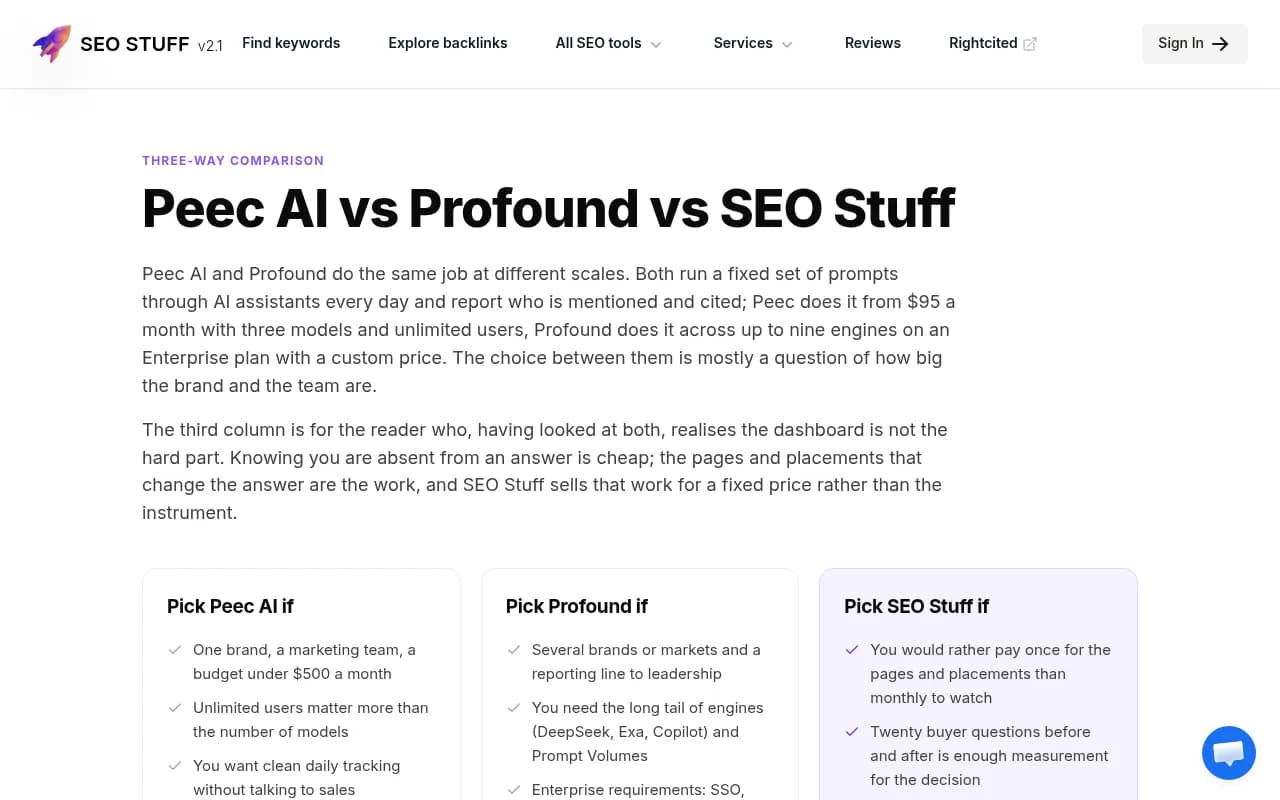 SEO Stuff three-way comparison of Peec AI and Profound pricing and positioning