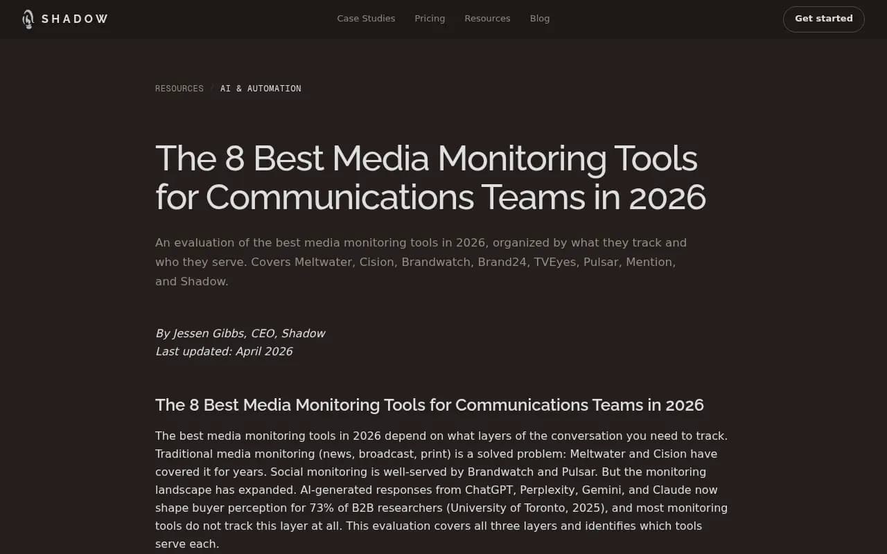 Shadow's evaluation framework compares media monitoring tools across source breadth, AI search monitoring, and narrative detection