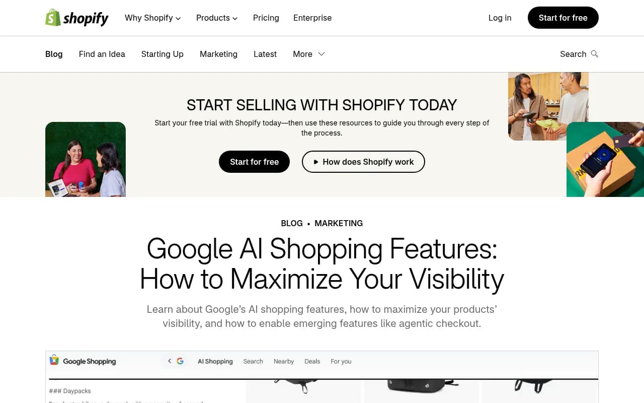 Screenshot of Shopify's 2026 guide on Google AI shopping features, covering product listings, imagery, and agentic checkout preparation