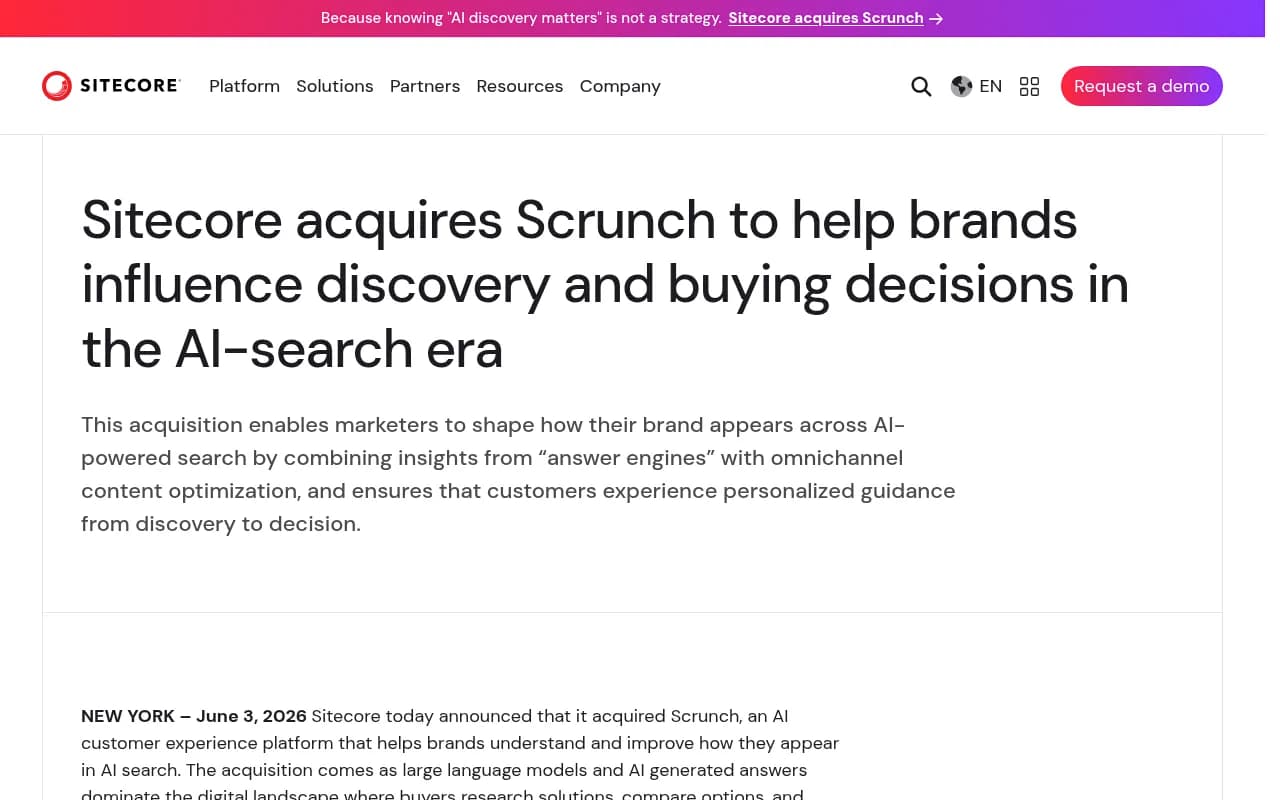 Sitecore press release announcing the acquisition of Scrunch for AI search visibility
