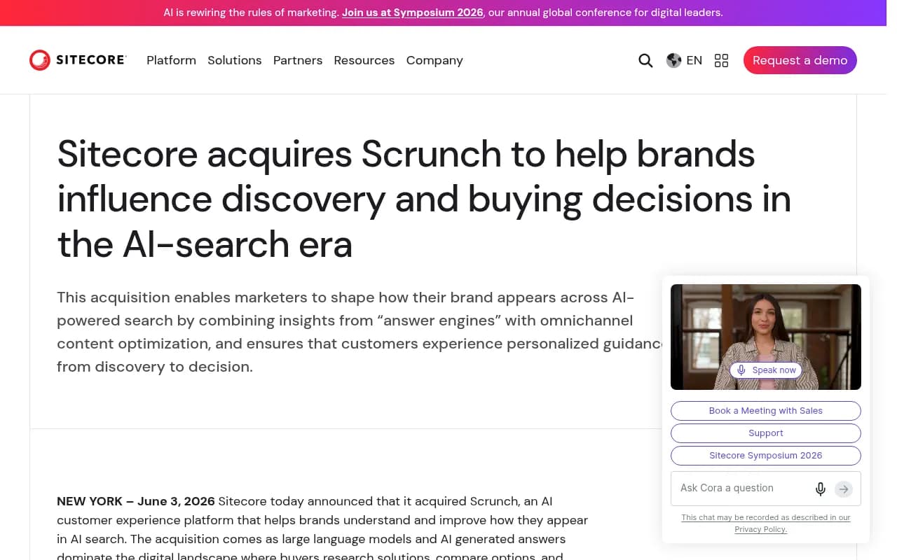 Screenshot of Sitecore's official press release announcing the Scrunch acquisition, published June 3, 2026