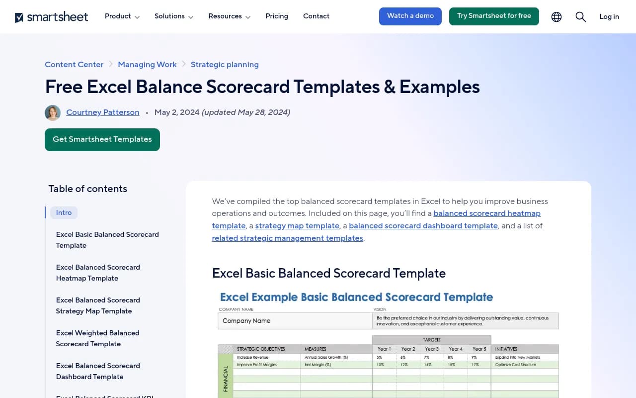 Smartsheet's balanced scorecard template in Excel, showing weighted categories and a heatmap layout