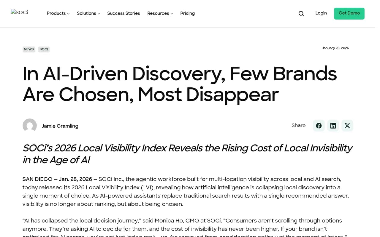 In AI-Driven Discovery, Few Brands Are Chosen, Most Disappear - SOCi's 2026 Local Visibility Index