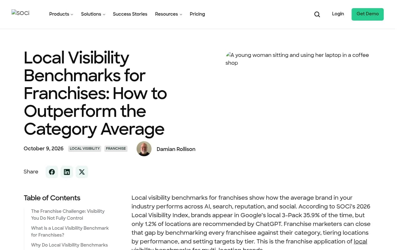 SOCi's 2026 Local Visibility Index blog post showing benchmark data across Google 3-Pack, ChatGPT, Gemini and Perplexity recommendation rates by industry