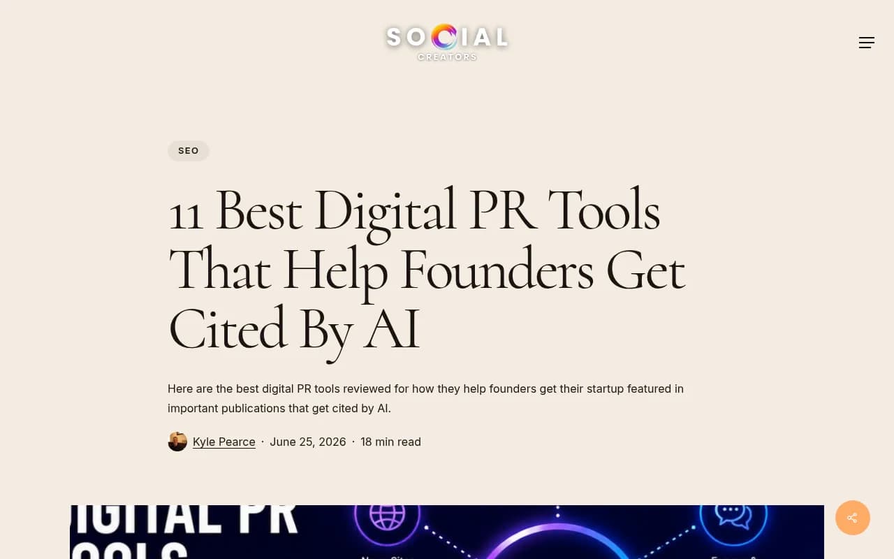 Screenshot of the SocialCreators guide to digital PR tools that help founders get cited by AI