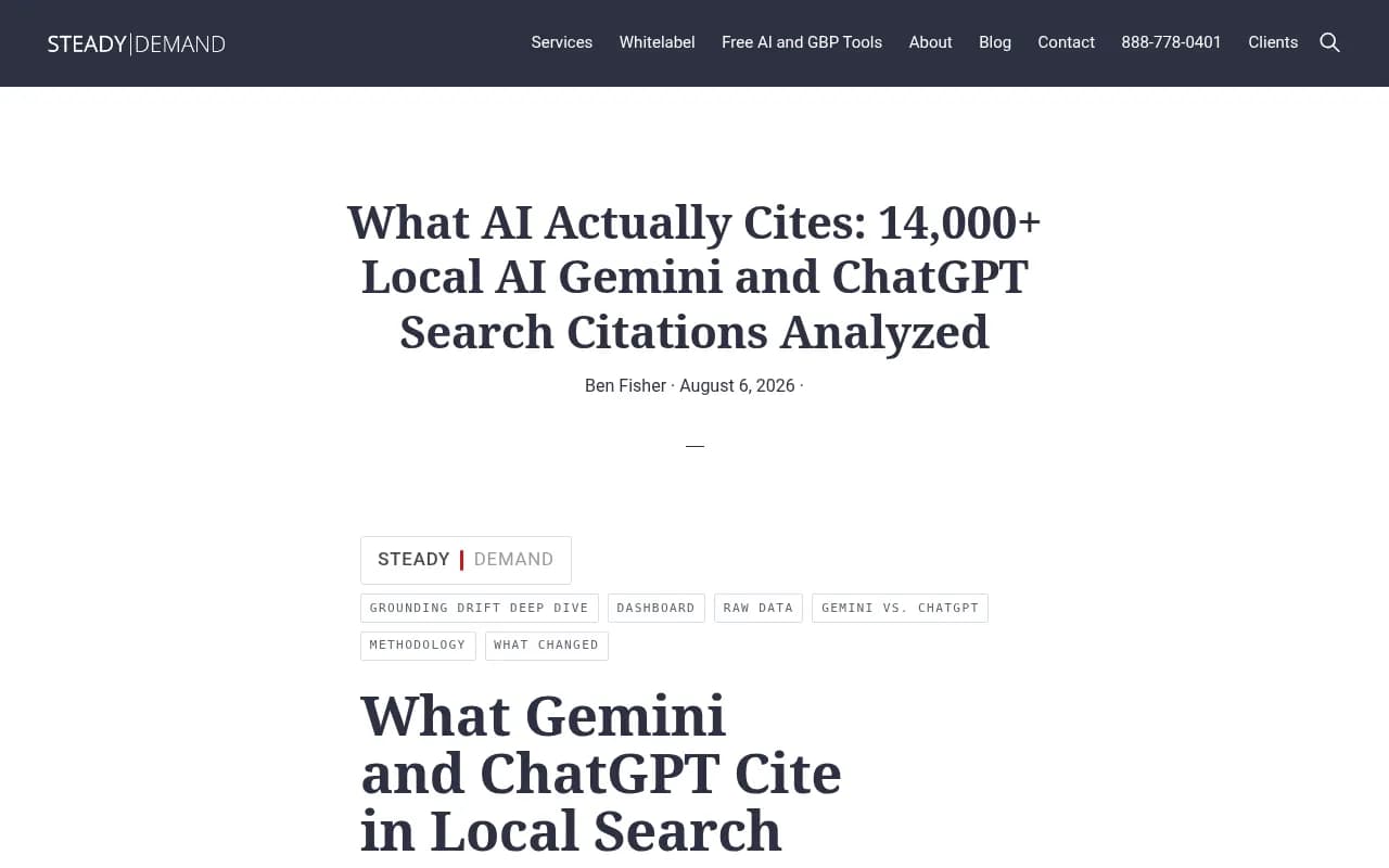 Steady Demand AI Citation Ledger report analyzing 14,000+ local citations from Gemini and ChatGPT