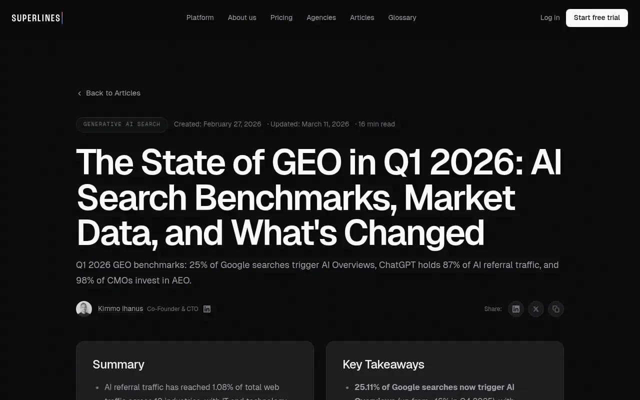 Q1 2026 GEO benchmarks showing AI search market data and ChatGPT's dominance in referral traffic