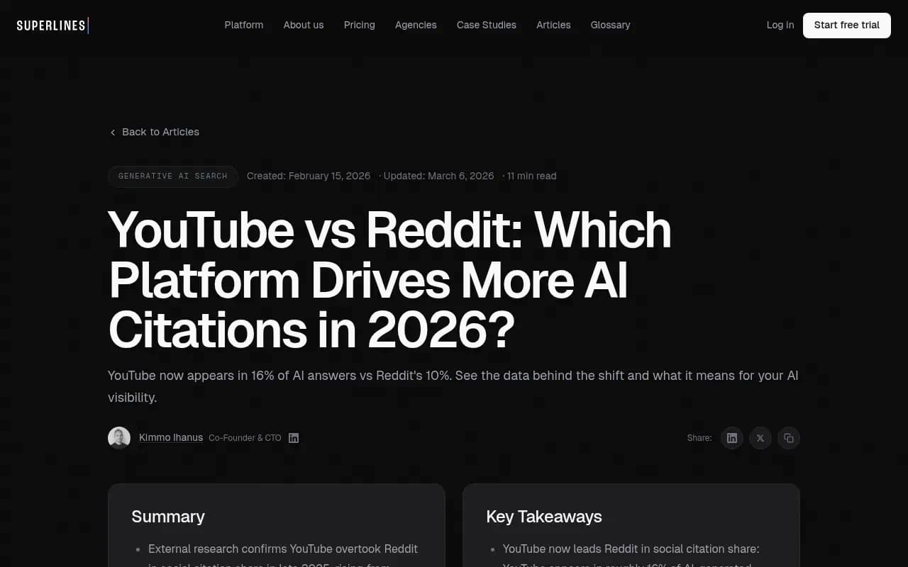 YouTube vs Reddit AI citation data showing the shift in social citation share across AI platforms in 2026