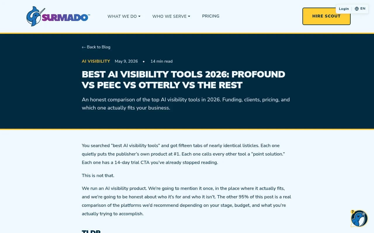 AI visibility tool comparison from Surmado showing the 2026 GEO platform landscape with funding, clients, and positioning