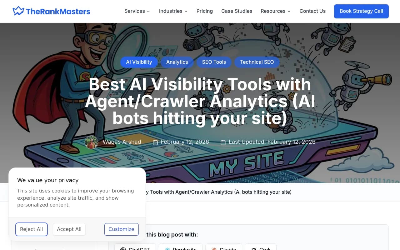Server log dashboard showing AI crawler activity with request counts, status codes, and page-level breakdowns