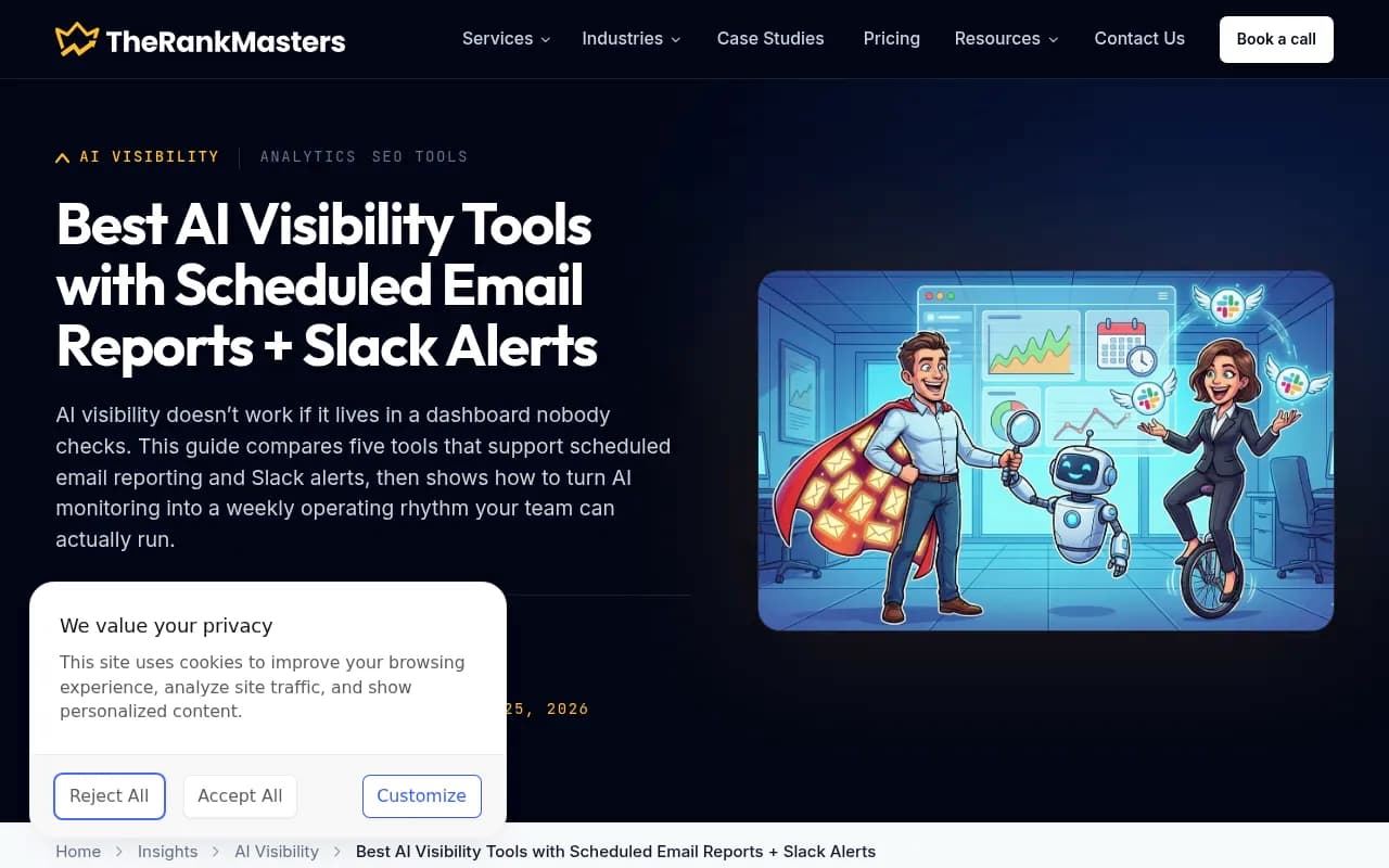 AI Visibility tools comparison guide showing scheduled email reports and Slack alert setups