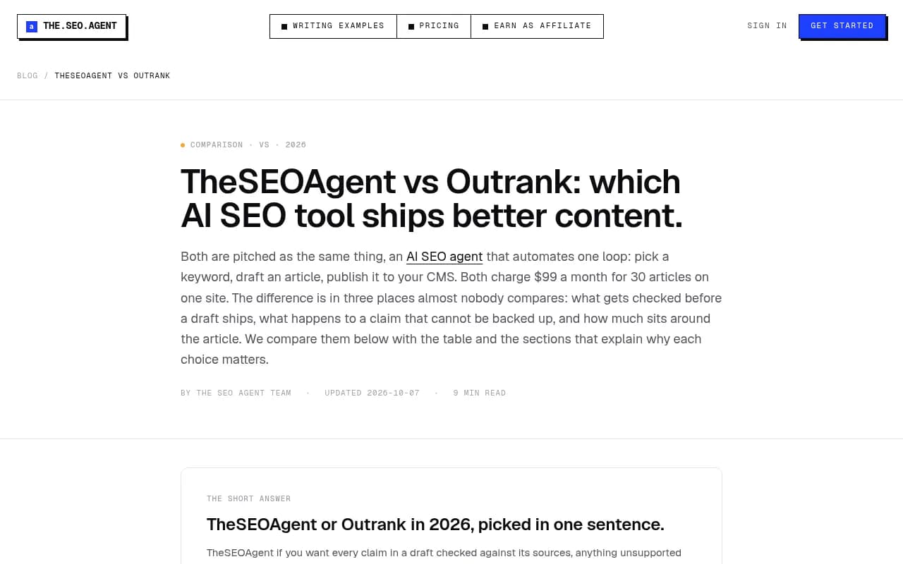 TheSEOAgent's Outrank comparison page, a vendor-authored comparison covering pricing and fact-checking differences