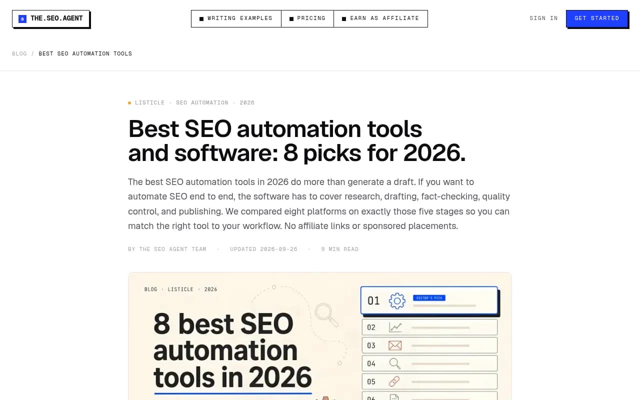 The SEO Agent's roundup of eight SEO automation tools, which lists its own pricing alongside competitors