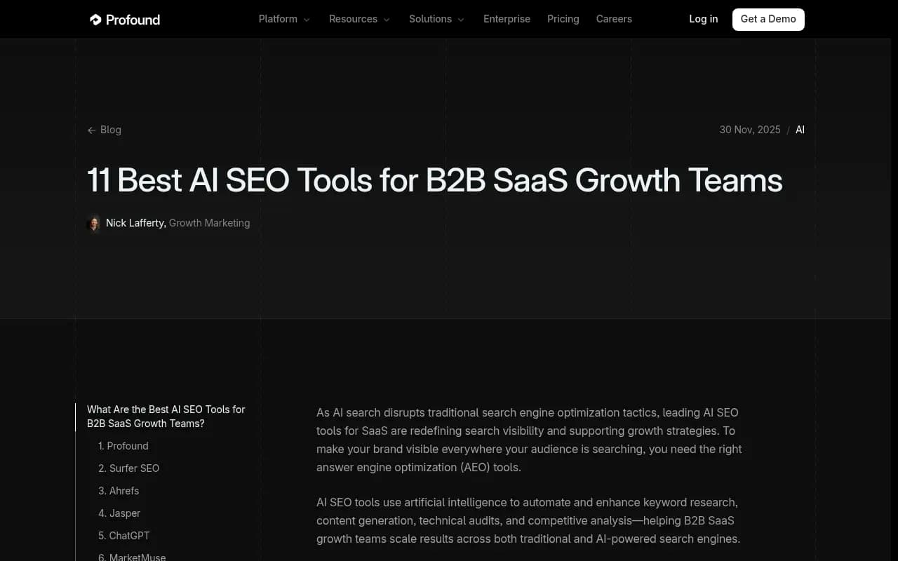 Profound's B2B AI SEO tools blog post showing a comparison table of the top AI SEO tools for SaaS growth teams