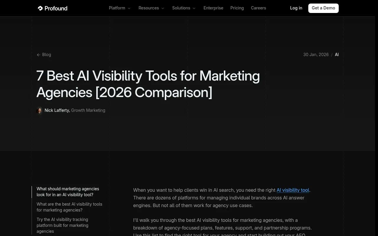 Profound's agency-focused AI visibility guide showing feature breakdown across platforms