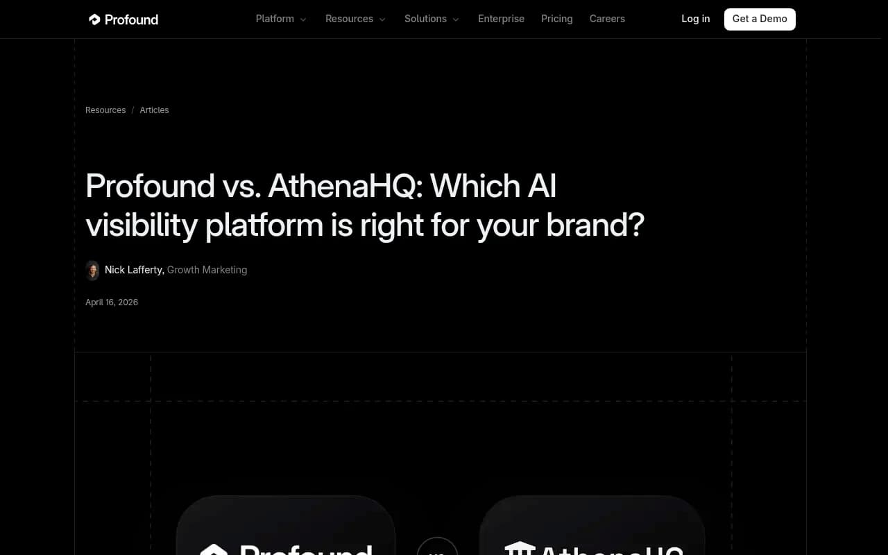 Profound vs AthenaHQ comparison page on tryprofound.com showing platform positioning