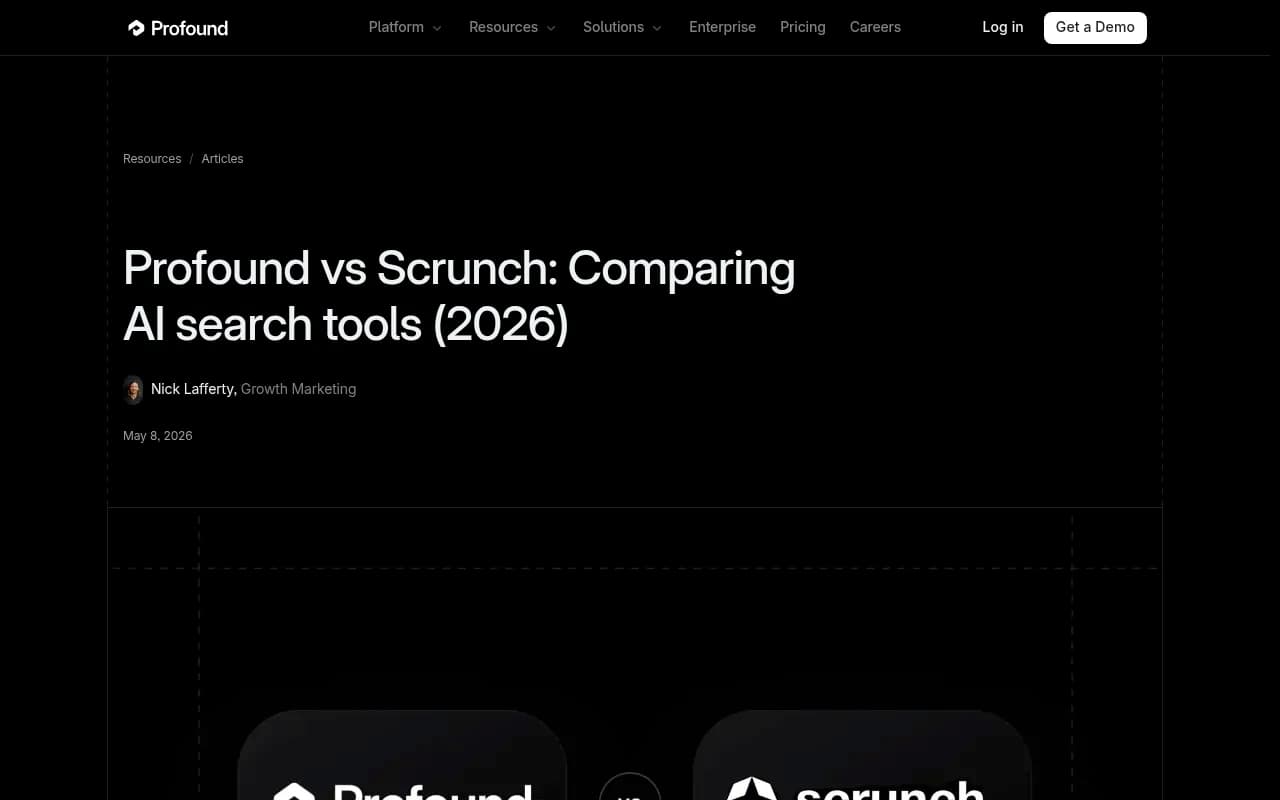 Profound vs Scrunch comparison article from tryprofound.com, showing a detailed feature breakdown of both AI visibility platforms