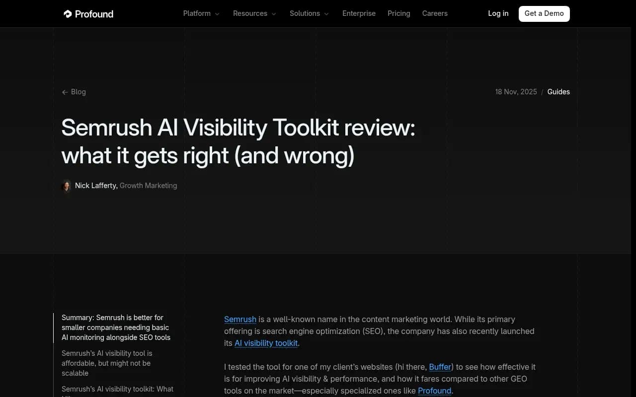Semrush AI Visibility Toolkit review breakdown from Profound's blog