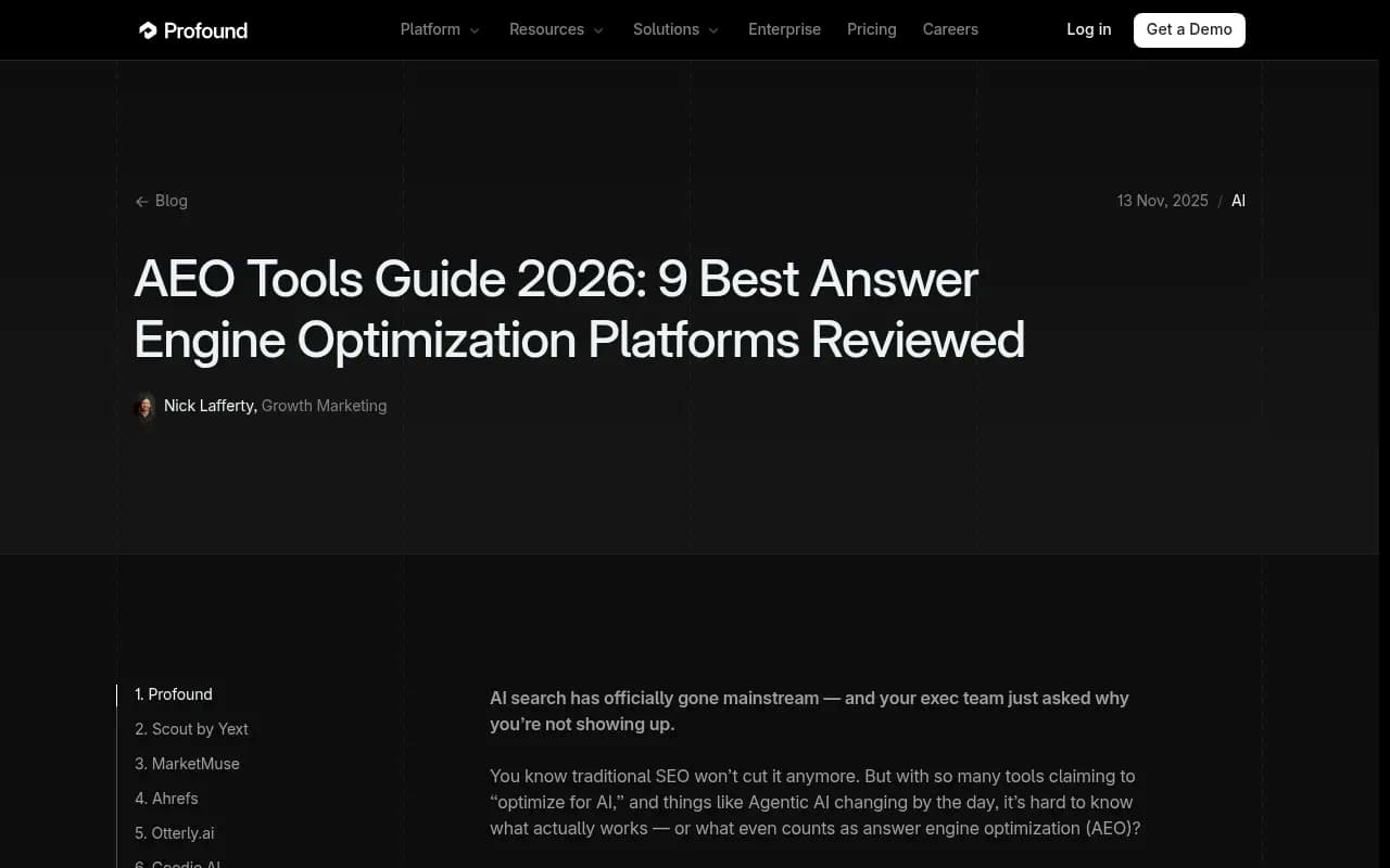 AEO tools comparison guide from Profound - showing the range of platforms evaluated