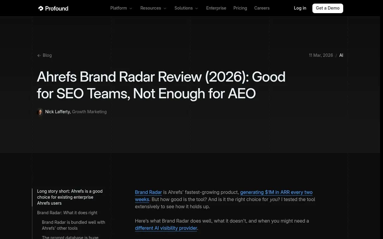 Ahrefs Brand Radar review from Profound's blog showing the tool's strengths and limitations for AEO teams
