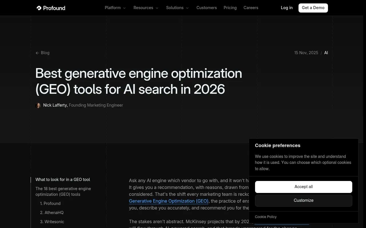 Profound's 2026 roundup of generative engine optimization tools, one of several vendor-published comparisons that dominate buyer research in this category