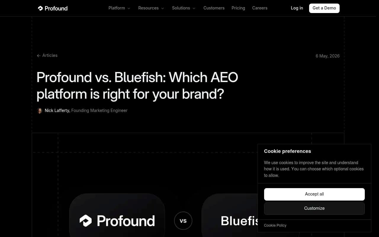 Screenshot of Profound's official comparison article between Profound and Bluefish, covering methodology, compliance, and feature differences