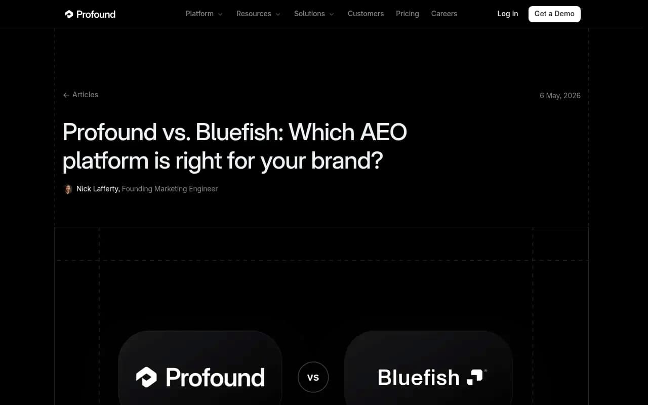 Profound's comparison of its enterprise reporting and prompt volume capabilities against Bluefish, from Profound's own head-to-head article