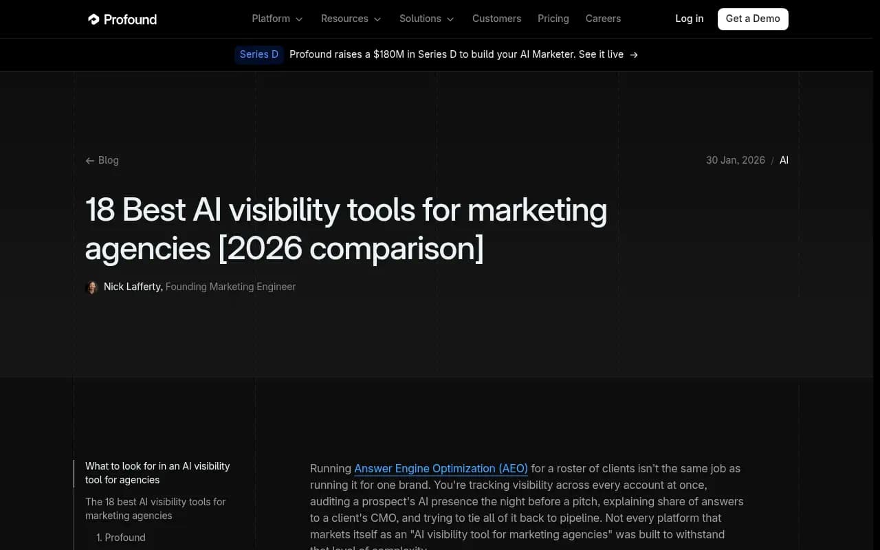 Comparison table of AI visibility tools evaluated for agency use, showing evaluation criteria like reporting, share of voice, and content execution